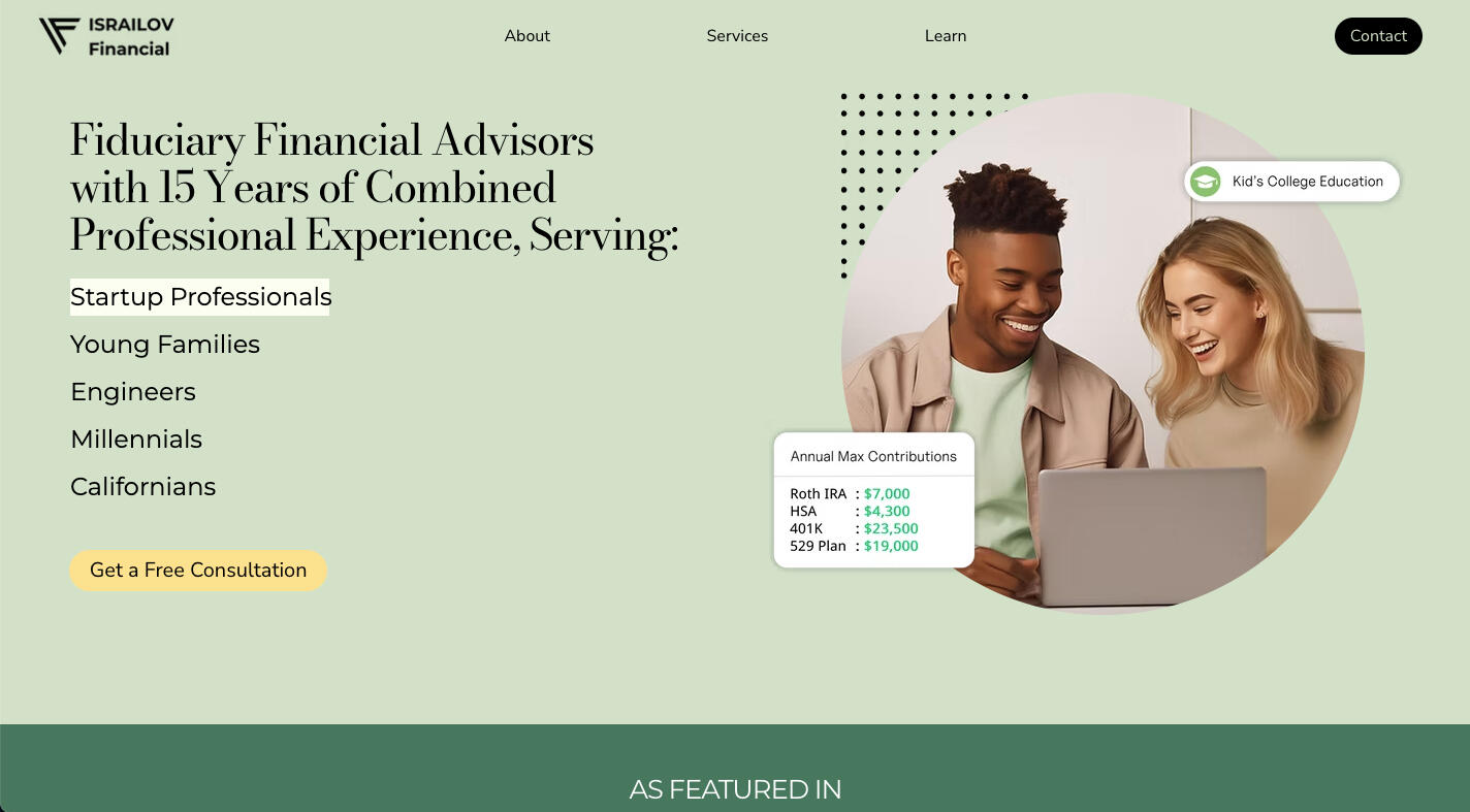 website of israilov financial, one of jp design studio, a website, brand identity kit client